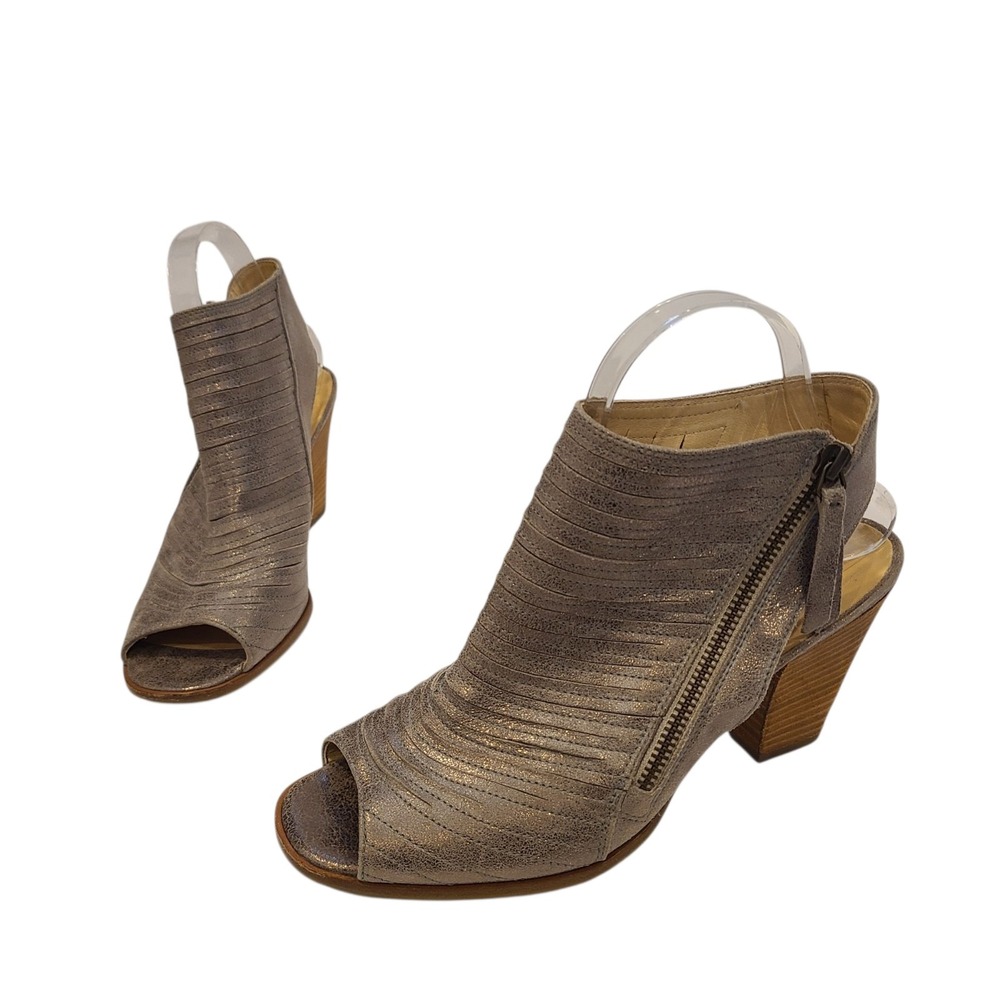 Paul Green Metallic Taupe Peep Toe Booties UK 6.5 US 9 Leather Chunky Heel